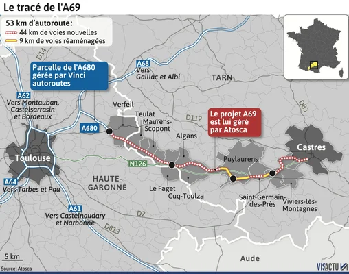 Carte infographique du tracé de l'autoroute A69, gérée par Atosca, reliant Toulouse à Castres.