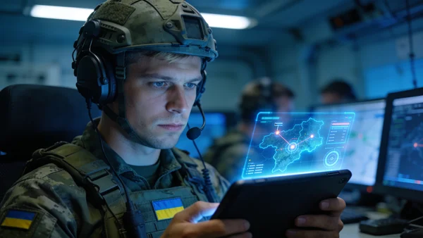 Opérateur ukrainien regardant un écran de tablette affichant une carte interactive avec des cibles, casque militaire, intérieur de poste de commandement