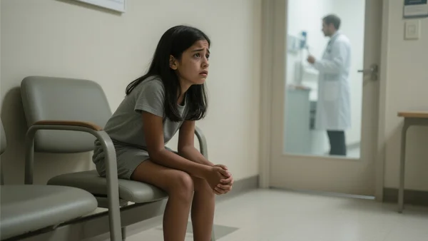 Jeune fille assise sur une chaise dans une salle d'attente médicale, les mains serrées sur ses genoux, regard inquiet vers la porte du cabinet. Composition en plan américain, dans une pièce aux teintes neutres. L'intention est de montrer l'anxiété et la peur des patientes issues de communautés à risque face à un médecin potentiellement mutilateur, avec un ton poignant et tendu.