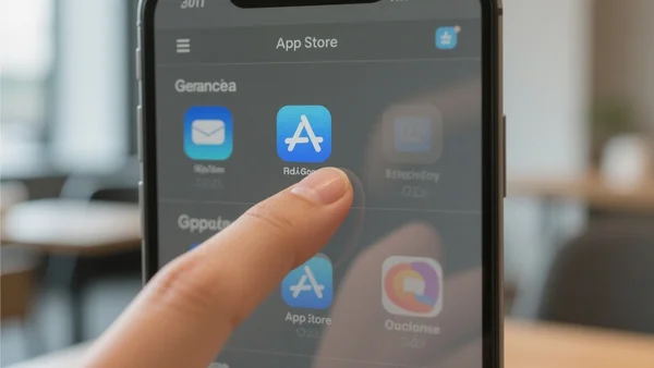 Gros plan sur l'écran d'un iPhone affichant la page d'accueil de l'App Store, doigt d'utilisateur s'apprêtant à cliquer sur une icône d'application, reflets lumineux sur l'écran, fond flou d'un café moderne