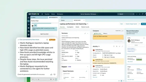 Ticket d'incident ServiceNow avec résumé IA 'Now Assist'.