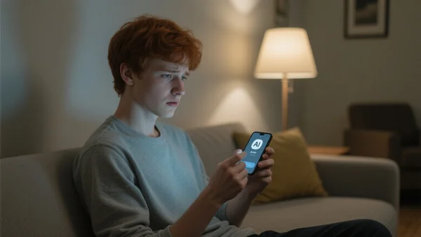 Jeune homme assis sur un canapé, regard fixe et inquiet, smartphone à la main affichant une notification d'IA, salon plongé dans la pénombre avec une seule lampe allumée