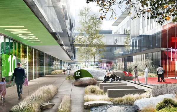 Rendu architectural du futur CHU de Nantes, un projet moderne aux façades vitrées.