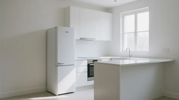 Petit frigo blanc de 150 litres dans une cuisine de studio lumineuse, plan large avec comptoir minimaliste et lumière naturelle