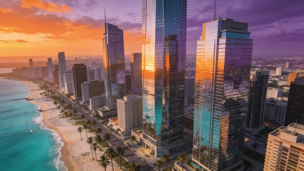 Vue aérienne de Vice City au coucher du soleil, palmiers bordant une plage turquoise, gratte-ciel aux vitres réfléchissantes, ciel orange et violet, ambiance tropicale