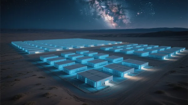 Vue aérienne d'un data center géant illuminé la nuit, avec des rangées de bâtiments rectangulaires et des lumières bleues, au milieu d'un paysage désertique, ciel étoilé