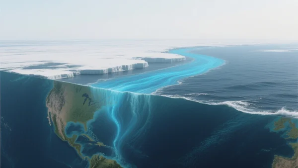 Vue en coupe simplifiée de l'océan Atlantique montrant le Gulf Stream (courant chaud en surface) remontant vers le nord, plongeant dans les profondeurs près du Groenland, puis revenant vers le sud en eau froide. Le schéma illustre le mécanisme de la circulation océanique AMOC, avec des flèches directionnelles et des masses d'eau colorées pour montrer le mouvement.