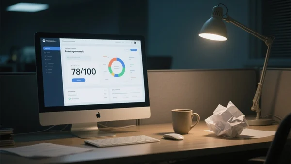Écran d'ordinateur affichant une interface d'analyse de scénario avec un score de 78/100, à côté d'une tasse de café et d'un script papier froissé, éclairage tamisé de bureau nocturne
