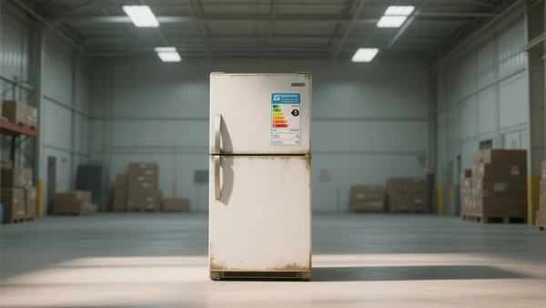 Frigo reconditionné classe C avec étiquette énergie visible, posé dans un entrepôt propre, éclairage neutre, vue frontale