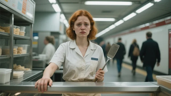 Jeune femme en uniforme de travail derrière un comptoir de crêpes dans une station de métro, regard fatigué, lumière artificielle, passagers flous en arrière-plan