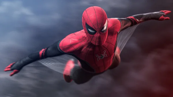 Tom Holland en Spider-Man dans Spider-Man: Far From Home, utilisant ses ailes de toile.
