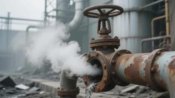 Gros plan sur une vanne de canalisation rouillée, avec un panache de vapeur ou de gaz invisible s'échappant, dans une zone industrielle grise. L'image doit évoquer l'idée de fuite, de gaspillage et de menace climatique, avec un ton alarmant mais pas catastrophiste.