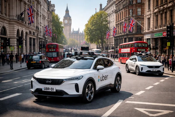 Véhicules autonomes Uber dans une rue londonienne avec Big Ben et bus rouges.