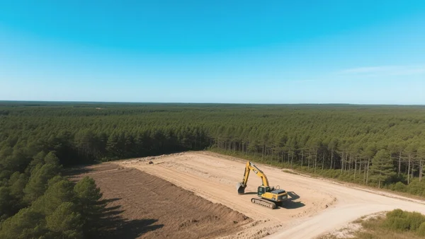 Vue aérienne d'une vaste forêt de pins en Gironde, avec un terrain défriché et des engins de chantier au premier plan, ciel bleu lumineux