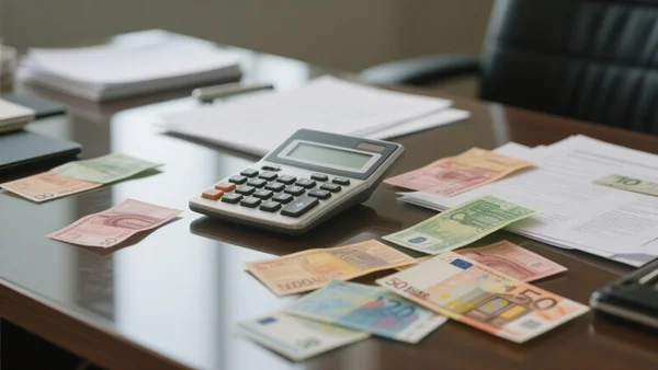 Vue rapprochée d'une calculatrice et de documents financiers sur un bureau, avec des billets en euros éparpillés, pour illustrer les économies fiscales promises aux entreprises