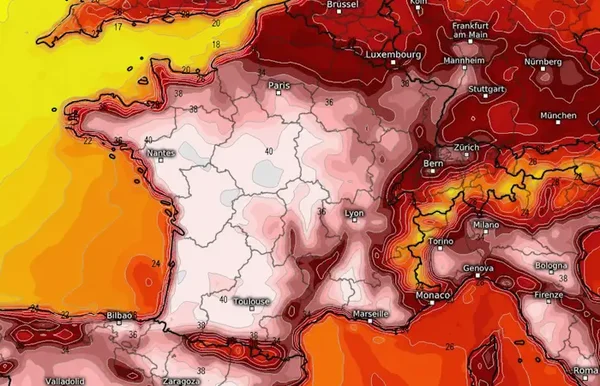 Carte des températures prévues pour le week-end de la Fête de la musique, montrant un pic de canicule.