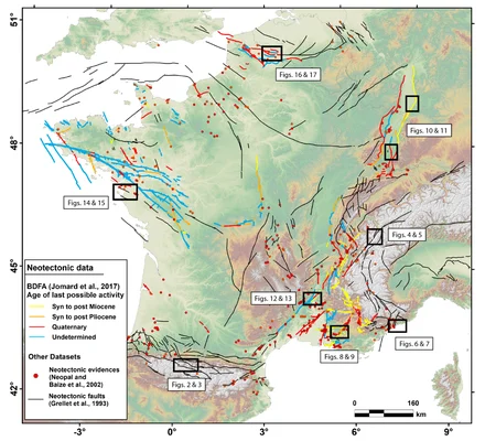 Carte néotectonique de la France avec failles actives et données sismiques.