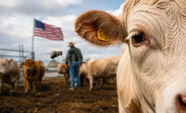Vache avec boucle d'oreille dans un enclos, une mouche en vol à proximité.