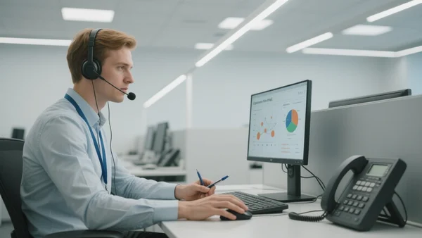 Un sondeur téléphonant dans un centre d'appels, casque sur les oreilles, écran affichant des graphiques d'opinion, éclairage de bureau moderne