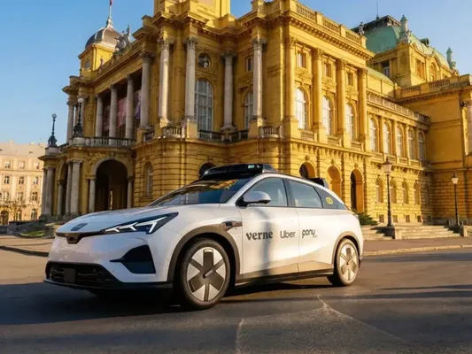 Véhicule autonome aux couleurs de Verne, Uber et Pony.ai devant le Théâtre national croate à Zagreb.