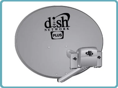 Illustration d'une antenne Dish Network modèle 1000.4, avec logo et inscription 'PLUS'.