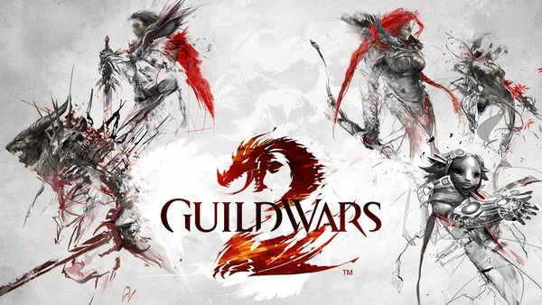 Promotion de Guild Wars 2 montrant des personnages et créatures fantastiques autour du logo.