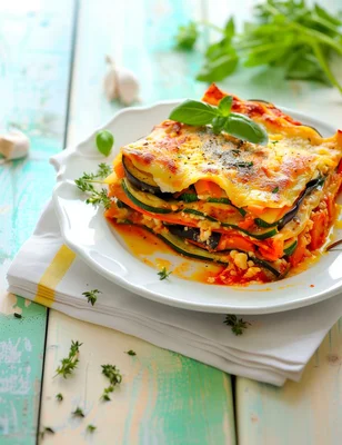 Lasagnes de légumes aux courgettes, aubergines et sauce tomate, sur un fond rustique.
