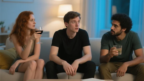 Groupe d'amis assis dans un canapé, verres à la main, l'un d'eux au centre regarde les autres avec une expression gênée et interrogative, ambiance décontractée de soirée