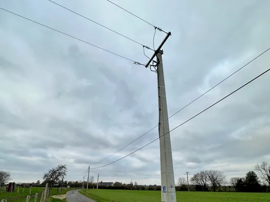 Poteau électrique en béton dans un champ, illustrant les lignes aériennes vulnérables aux fortes chaleurs.