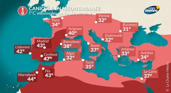 Prévisions des températures maximales en Méditerranée, avec des pointes à 47°C à Cordoue et 44°C à Marrakech.