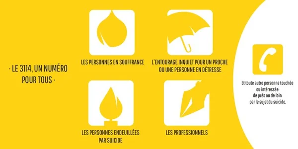 Infographie sur les publics cibles de la ligne d'écoute 3114 pour la prévention du suicide.