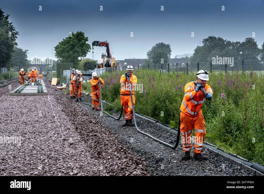 Pose de câbles par des cheminots sur une voie ferrée, illustrant les travaux d'infrastructure ferroviaire.