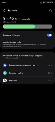 Capture d’écran des paramètres de batterie, affichant le temps restant et l’utilisation.