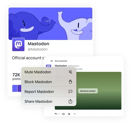 Profil officiel Mastodon avec menu contextuel.
