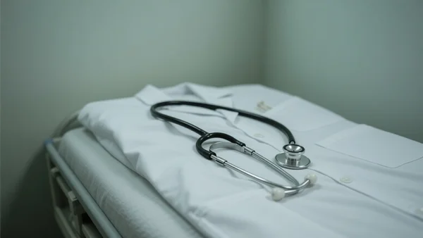 Premier plan d'un stéthoscope posé sur une blouse blanche, dans un cabinet médical aux murs clairs, évoquant la confiance trahie par des médecins ayant pratiqué des mutilations génitales féminines. L'intention éditoriale est de montrer le cadre médical où ces violences ont lieu, avec un ton grave et accusateur.