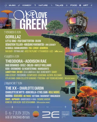 Programmation 2026 du festival We Love Green, dévoilée sur une affiche aux îles flottantes et champignons géants.