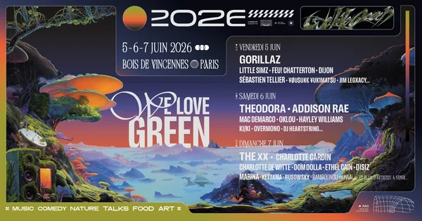 Affiche du festival We Love Green 2026, avec un décor onirique et la programmation artistique.