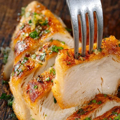 Blanc de poulet poêlé aux herbes, présenté avec une fourchette.