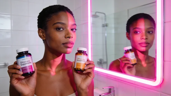 Jeune femme devant un miroir de salle de bain, posant avec des flacons de compléments alimentaires, éclairage néon rose