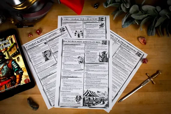 Fiches de création de personnage D&D 2025 avec accessoires de jeu.