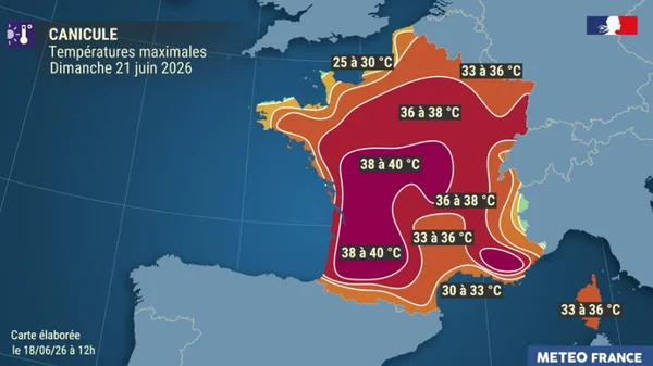 Carte des températures maximales prévues pour le 21 juin 2026, avec 53 départements en vigilance orange canicule.