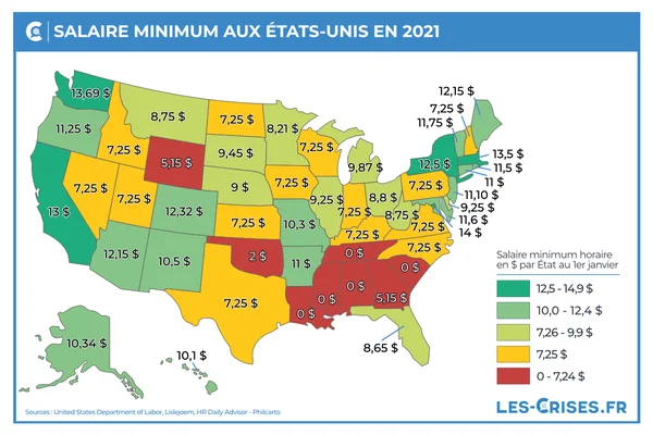 Infographie des salaires minimums par État aux États-Unis en 2021.