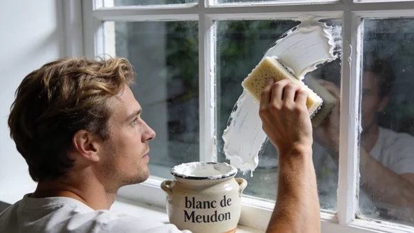Main appliquant une pâte blanche épaisse sur une vitre avec une éponge, pot de blanc de Meudon posé à côté, lumière naturelle de fenêtre, vue rapprochée