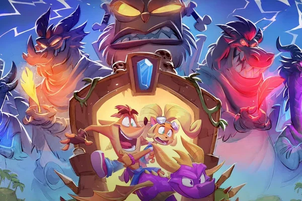 Crash et Coco Bandicoot chevauchant un dragon dans une illustration promotionnelle de Crash Bandicoot 4.
