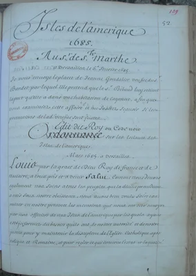 Première page du manuscrit du Code noir de 1685, conservé à l'ANOM.