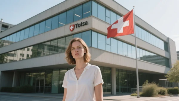 Siège de Totsa à Genève, bâtiment bas en verre et béton, drapeau suisse flottant, quartier d'affaires calme, lumière d'après-midi