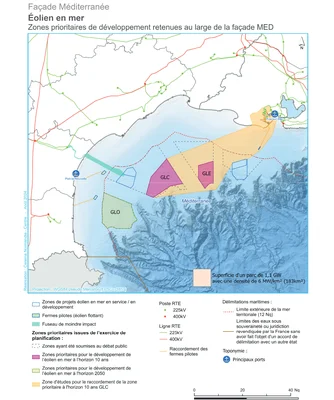 Carte des zones de développement prioritaire pour l'éolien en mer en Méditerranée, incluant les projets GLC et GLE.