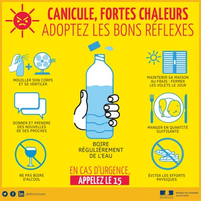 Infographie de prévention sur les comportements à adopter lors d'une canicule.