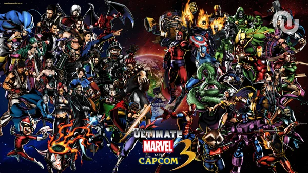 Affiche promotionnelle d'Ultimate Marvel vs. Capcom 3 avec les personnages des deux univers.