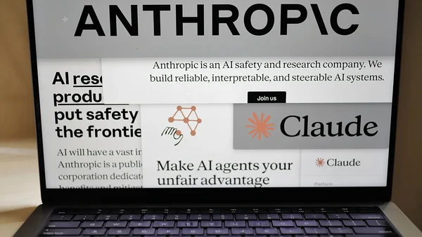 Écran d'ordinateur affichant le site d'Anthropic et sa mission de sécurité.